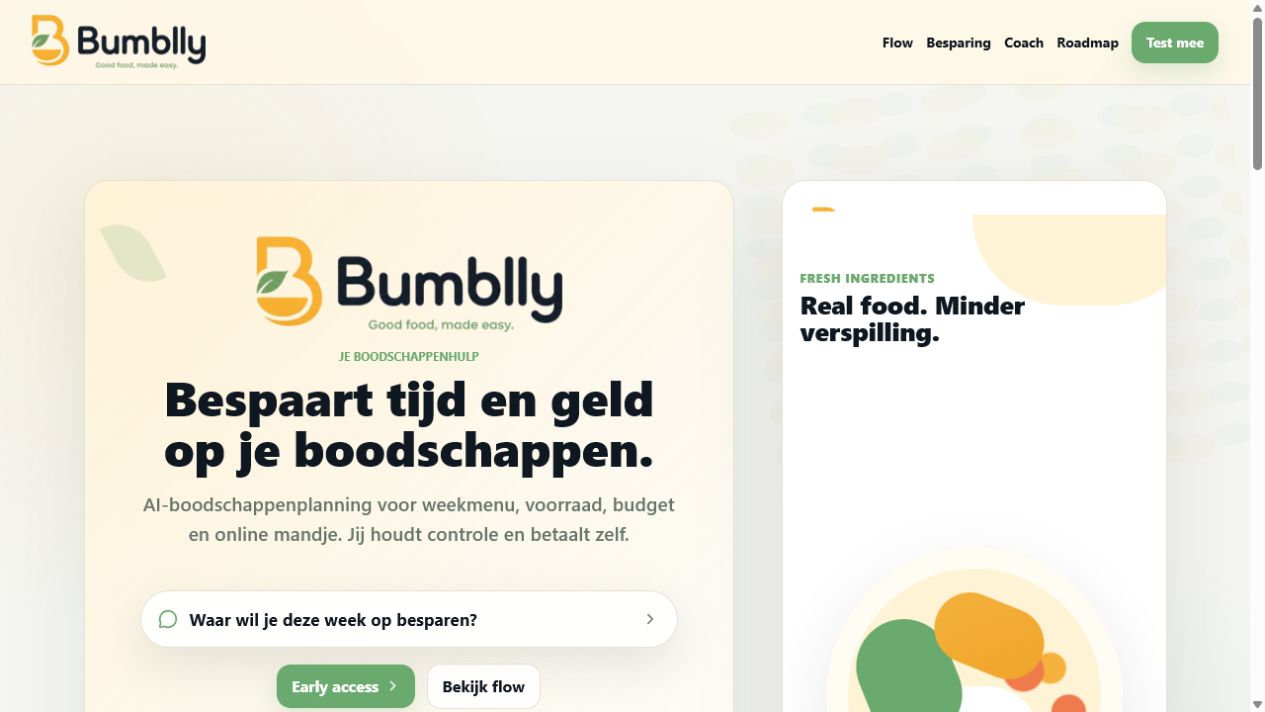 Homepage van Bumblly, een AI-boodschappenassistent