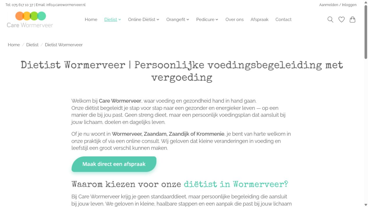 Dienstenpagina van Care Wormerveer over persoonlijke voedingsbegeleiding