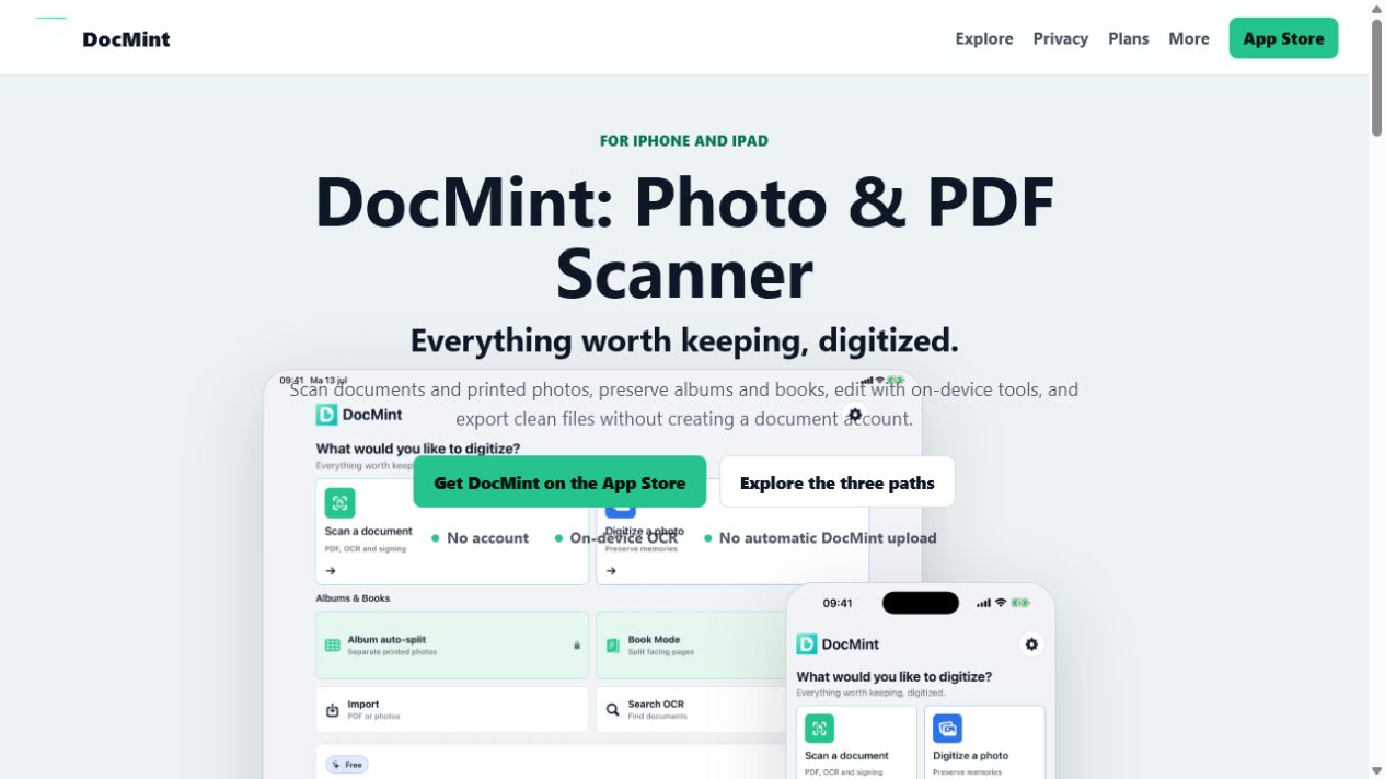 Homepage van DocMint met de document- en fotoscanner voor iPhone en iPad