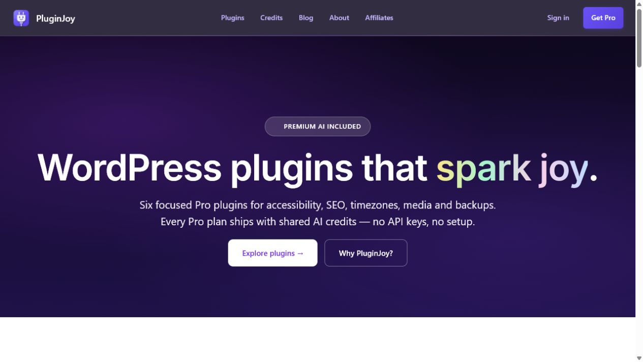 Homepage van PluginJoy met WordPress-plugins voor onder meer SEO en toegankelijkheid
