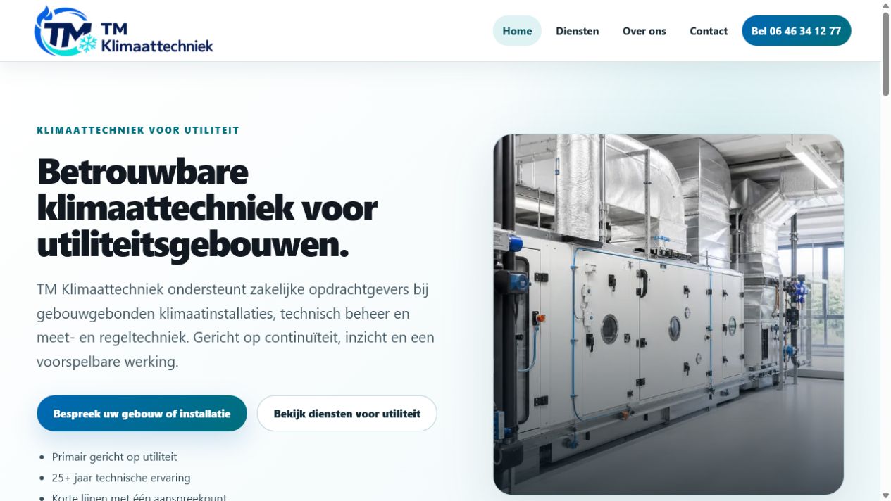 Homepage van TM Klimaattechniek met de boodschap Betrouwbare klimaattechniek voor utiliteitsgebouwen